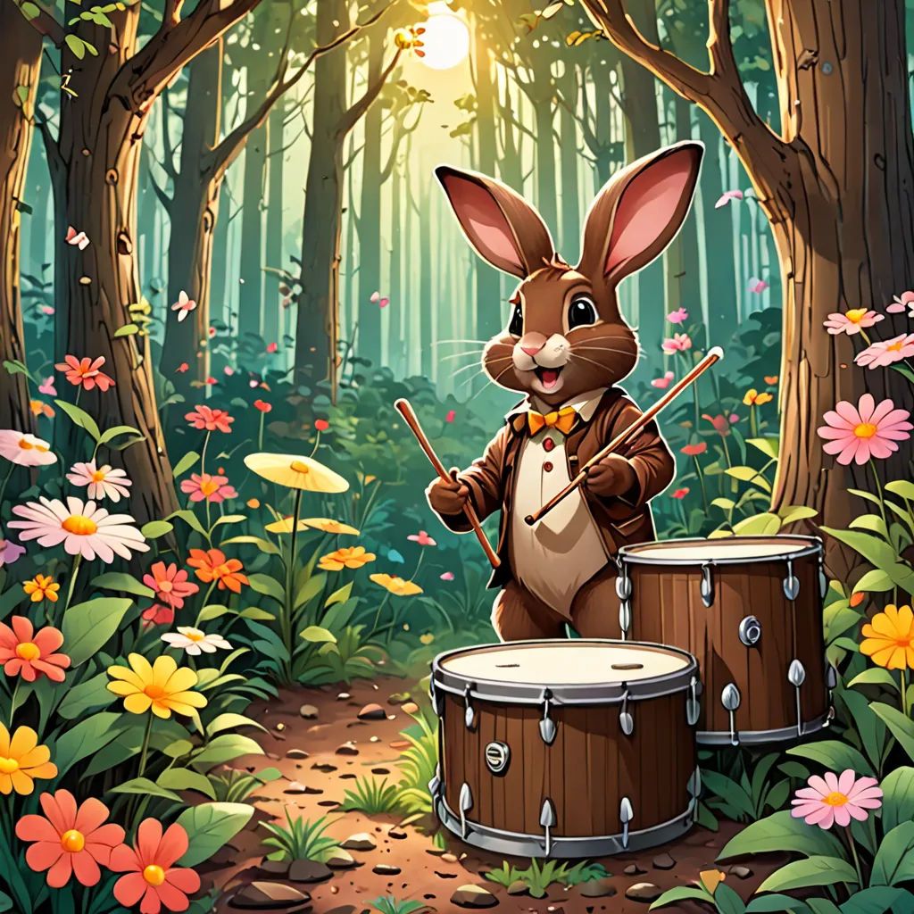 a rabbit playing drums in a forest with flowers and trees around it, with a sunbeam in the background, furry art, a storybook illustration, Chris LaBrooy, official art