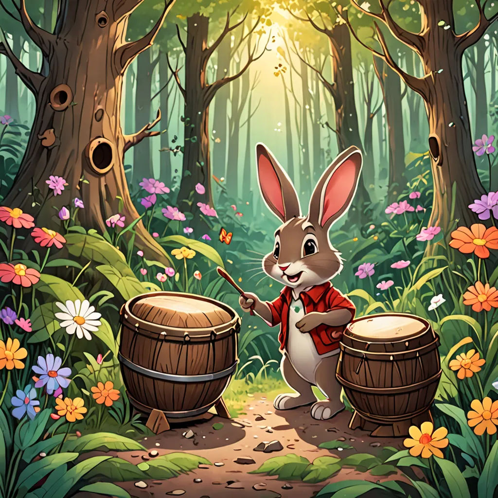 a rabbit playing drums in a forest with flowers and trees in the background, with a sunbeam in the background, fantasy art, a storybook illustration, Dan Mumford, rossdraws global illumination