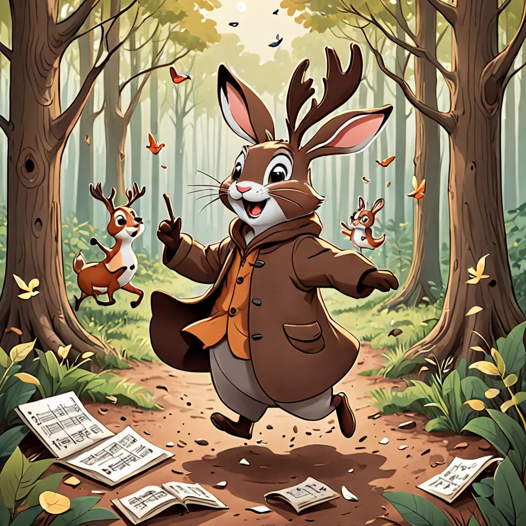 a rabbit running through a forest with a bunch of deer running around it's feet and a book in the air, furry art, a storybook illustration, Dan Mumford, official art