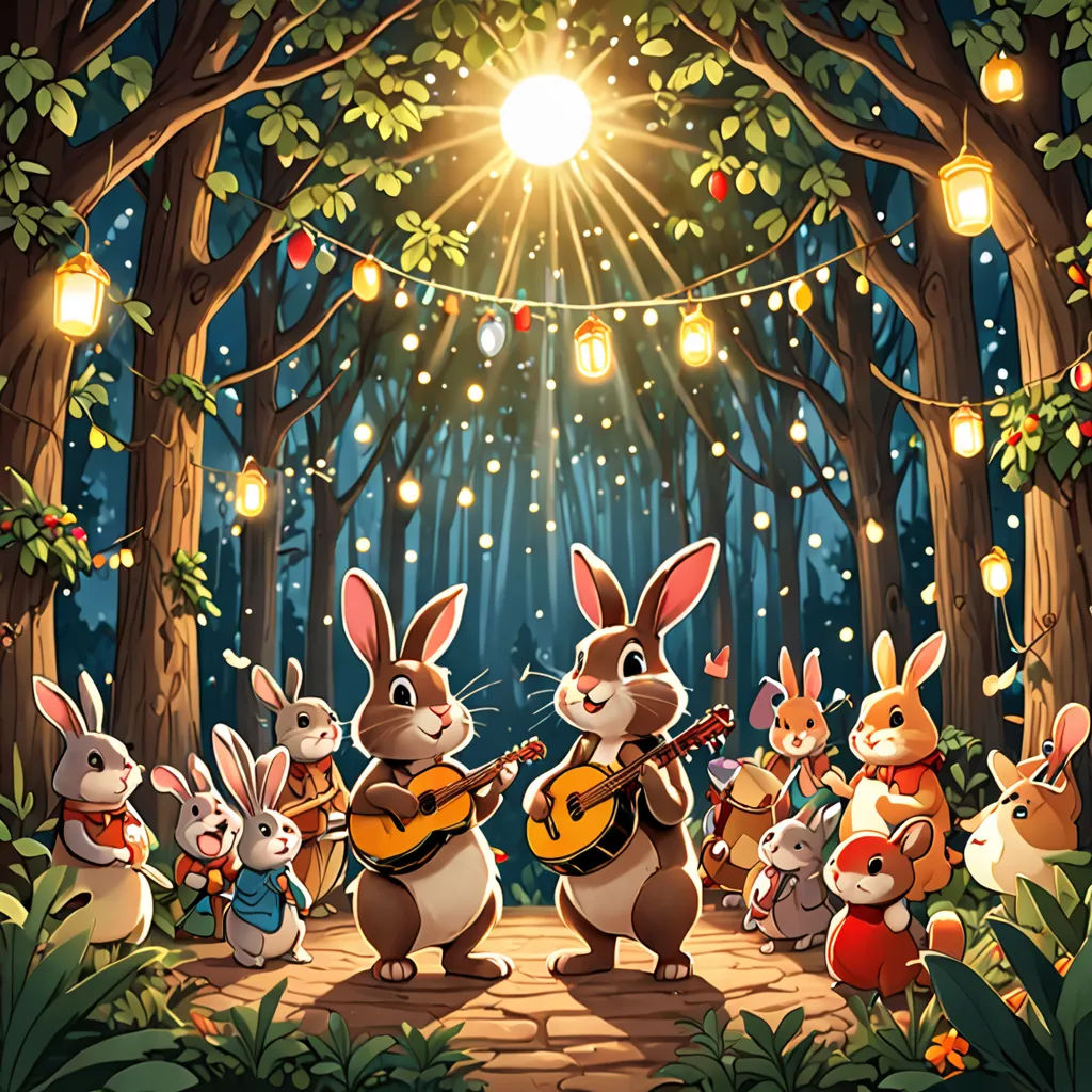 a group of rabbits playing music in the woods at night with lights and lanterns hanging above them and a string of lights, magic realism, a storybook illustration, Beatrix Potter, rossdraws global illumination