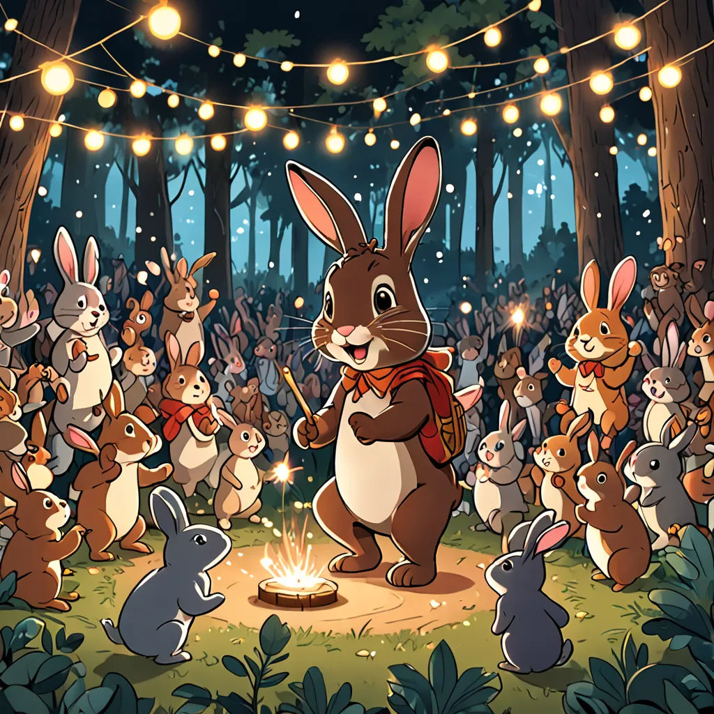 a group of rabbits in a forest with lights strung overhead and a rabbit holding a lit candle in the middle, furry art, a storybook illustration, Dan Mumford, rossdraws global illumination