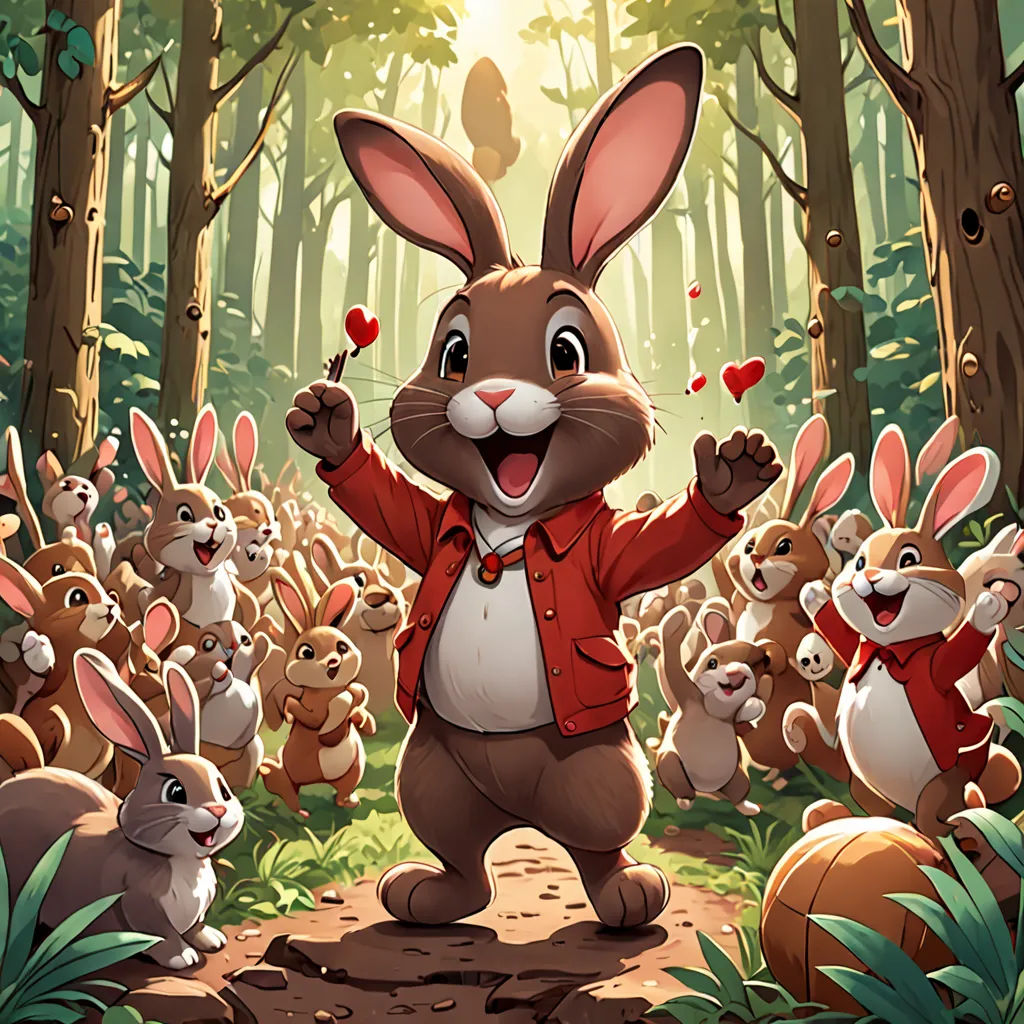 a rabbit is surrounded by many rabbits in the woods, with a person in the background, holding a heart, furry art, a storybook illustration, Chris LaBrooy, rossdraws global illumination
