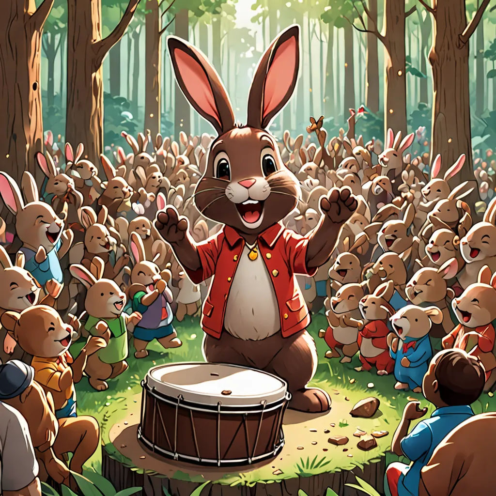 a cartoon rabbit playing a drum in front of a group of people in the woods with trees and grass, furry art, a storybook illustration, Chris LaBrooy, furaffinity