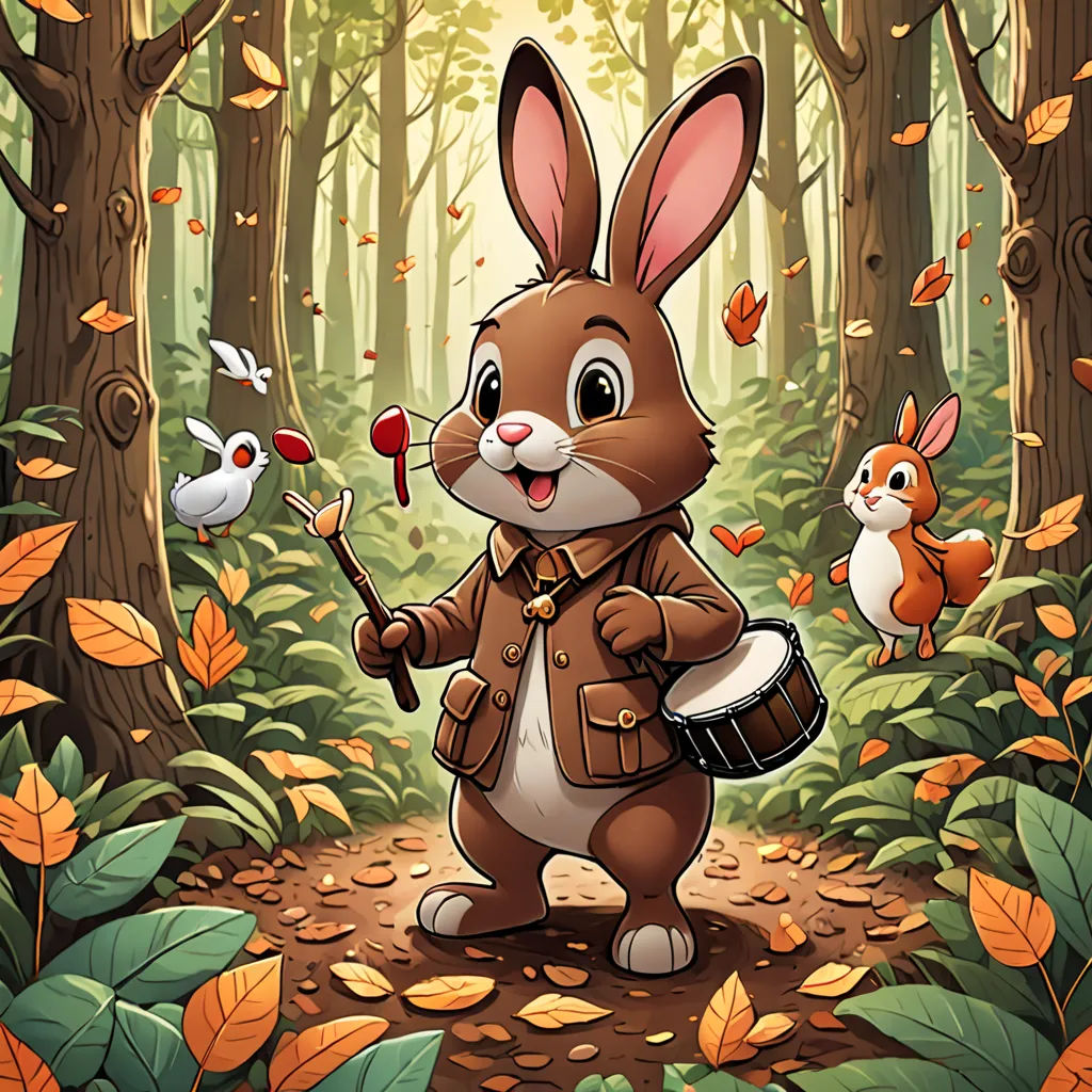a rabbit playing a drum in the woods with other animals around him and a forest background with leaves and trees, furry art, a storybook illustration, Dan Mumford, deviantart artstation