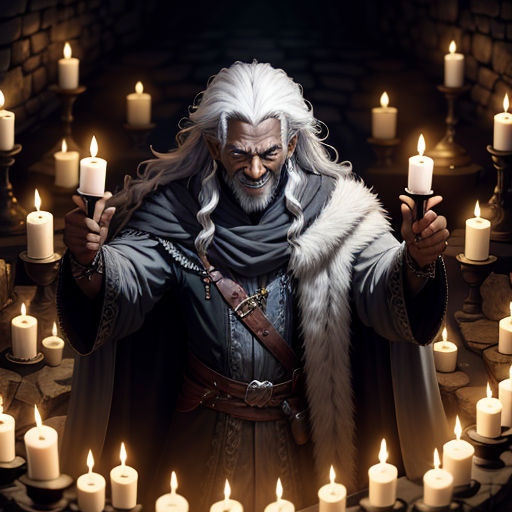 a man with a beard and white hair holding a lit candle in his hand and surrounded by candles in a dark room