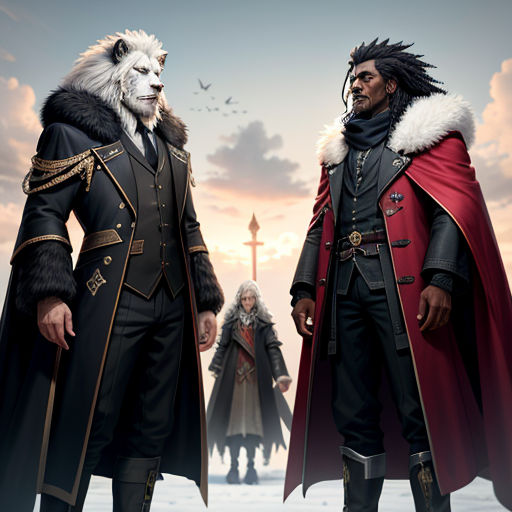 two men in costumes standing next to each other in front of a cross and a sky with clouds in the background