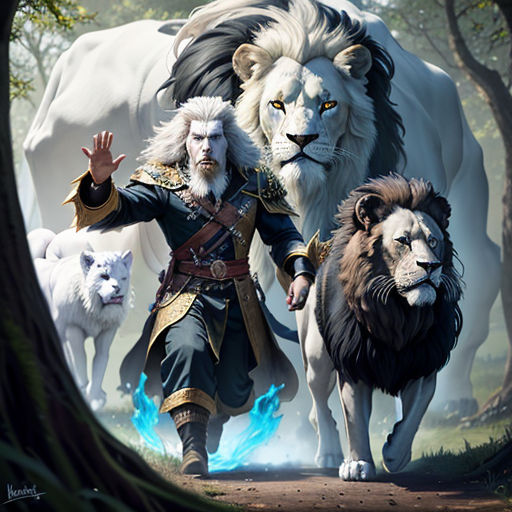 a man with a lion and two lions walking through a forest with trees and rocks in the background, with a white lion behind him