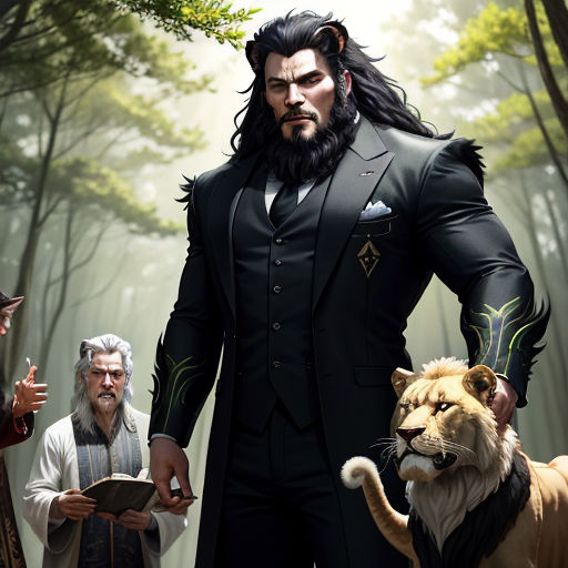 a man in a suit standing next to two lions and a lion in a forest with other men in the background