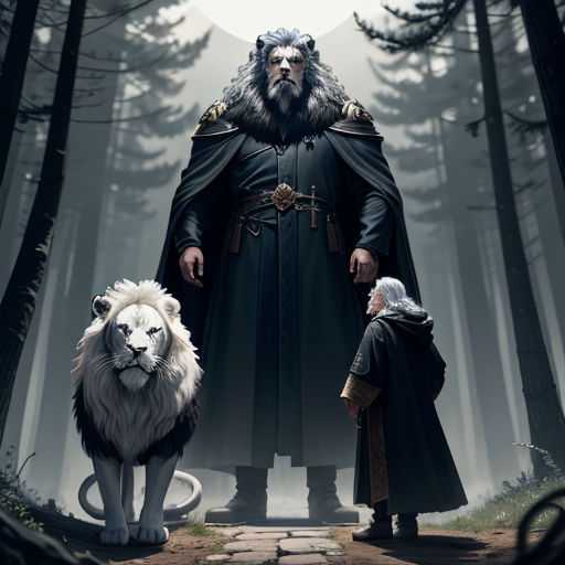 a man standing next to a white lion in a forest with a full moon behind him and a man standing next to him