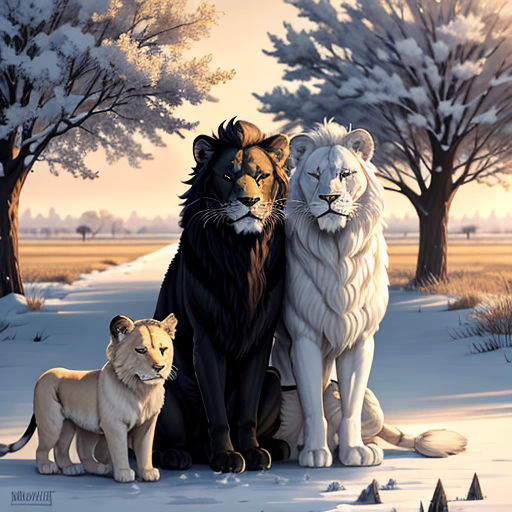 a painting of three lions and a lion cub in the snow with trees in the background and snow covered ground