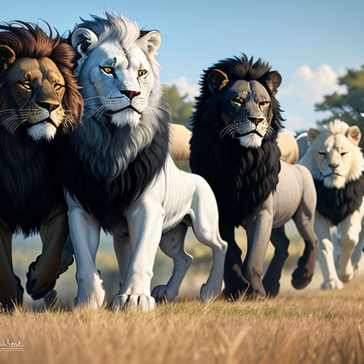 a group of lions running across a field with trees in the background and a blue sky in the background