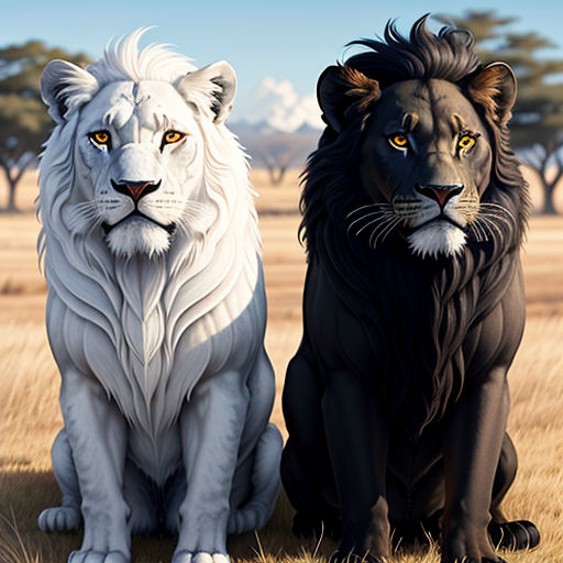 two lions sitting in a field of grass with trees in the background and a blue sky in the background