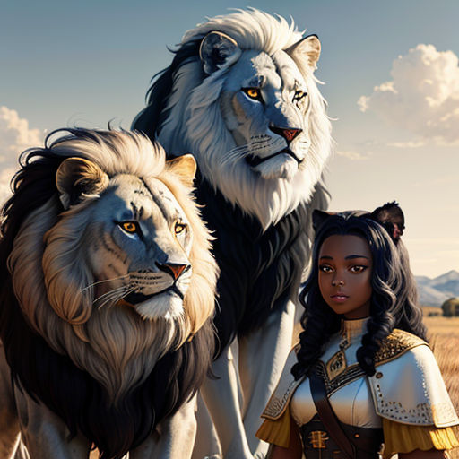 a woman standing next to two lions in a field of grass with mountains in the background and clouds in the sky