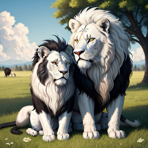 a painting of two lions sitting next to each other on a field of grass with trees in the background