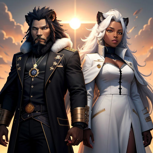 a man and a woman dressed in costumes standing next to each other in front of a sunset and clouds