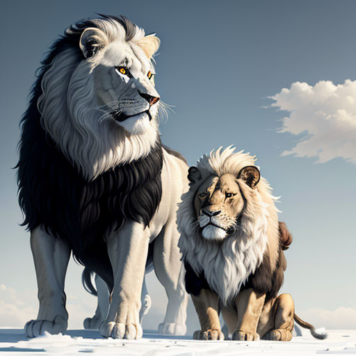 a lion and a lioness standing in the snow together, with clouds in the background, and a blue sky with white clouds