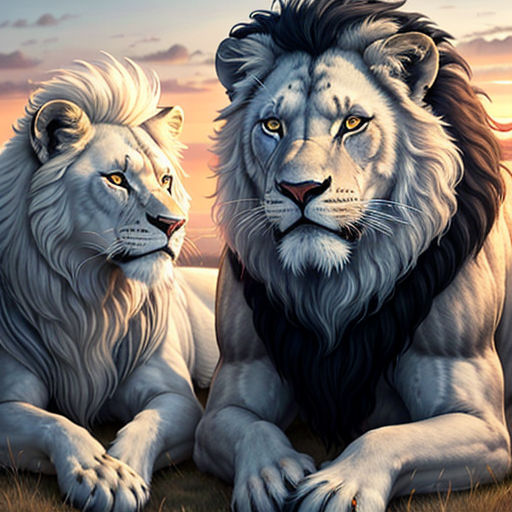 two white lions sitting on top of a grass covered field next to each other on a sunset background with a sky background