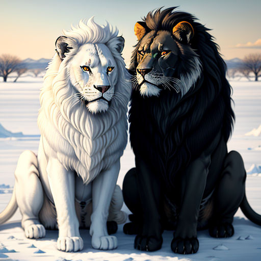 two lions sitting in the snow with trees in the background and a sky background with clouds in the distance