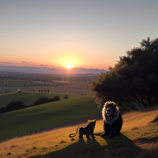 a lion and a lion cub sitting on a hill at sunset with the sun in the background and a field of grass and trees
