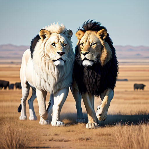 two lions walking in a field with other animals in the background and a sky background with no clouds in sight