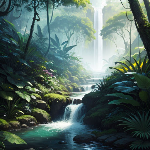 a painting of a waterfall in a tropical forest with rocks and plants on the ground and a stream running through the center of the picture