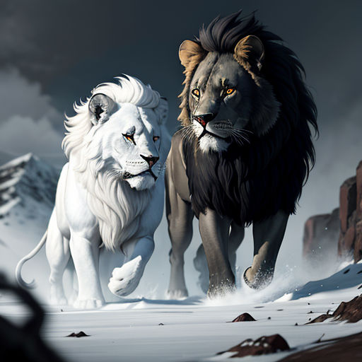 two lions running in the snow with mountains in the background and a dark sky in the background, with a person looking on