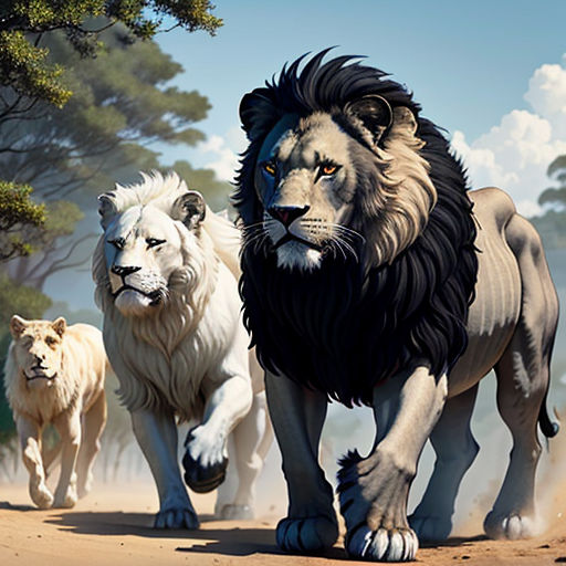 a group of lions walking down a dirt road next to trees and bushes on a sunny day with blue sky