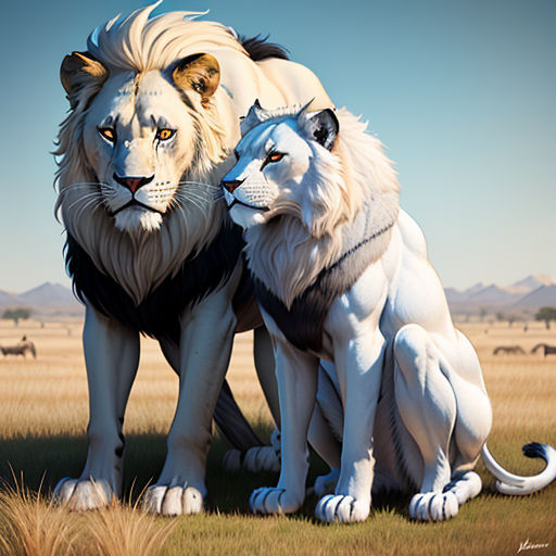 two white lions sitting next to each other on a field of grass with a sky background and a blue sky