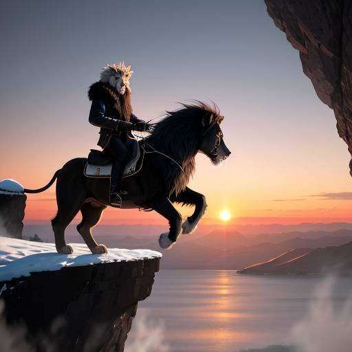 a man riding a horse on top of a cliff next to a lake at sunset with a person on top of it