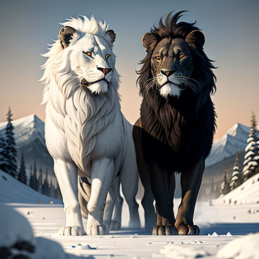 two lions standing in the snow with mountains in the background and trees in the foreground, with a sky background