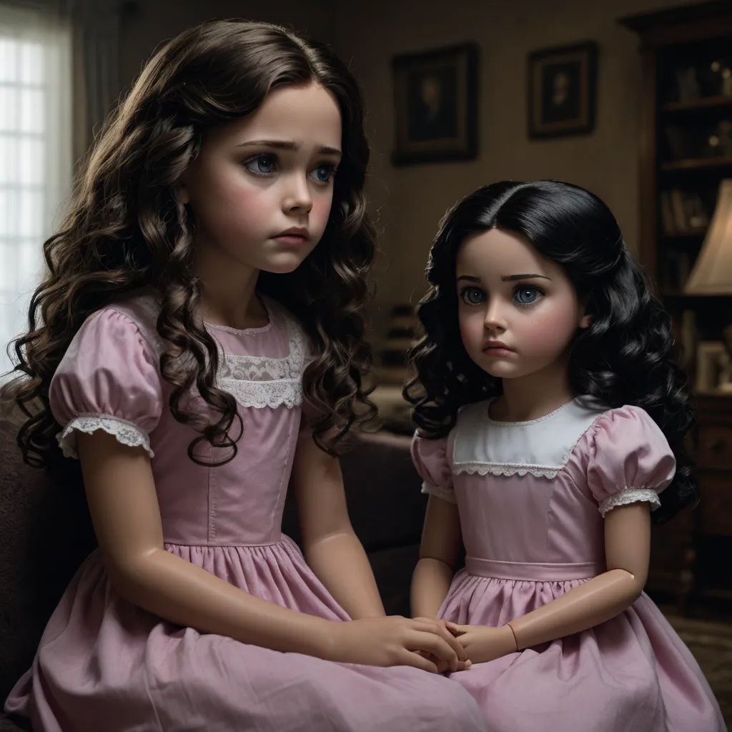 two dolls sitting on a couch in a living room next to each other, one of them is wearing a pink dress, international gothic, a still life, Dirk Crabeth, promotional image
