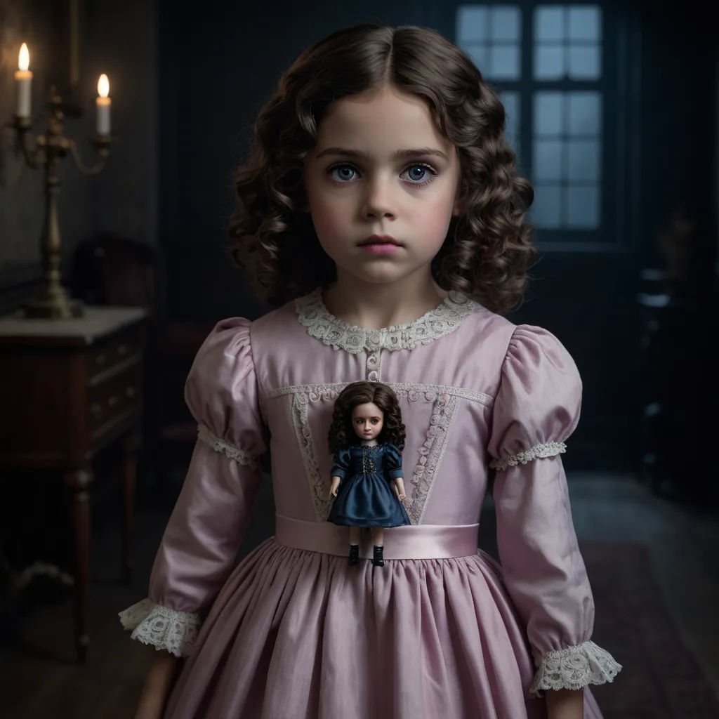a doll with a doll head on it's chest and a dress on it's chest, in a dark room, gothic art, a character portrait, Clarice Beckett, promotional image