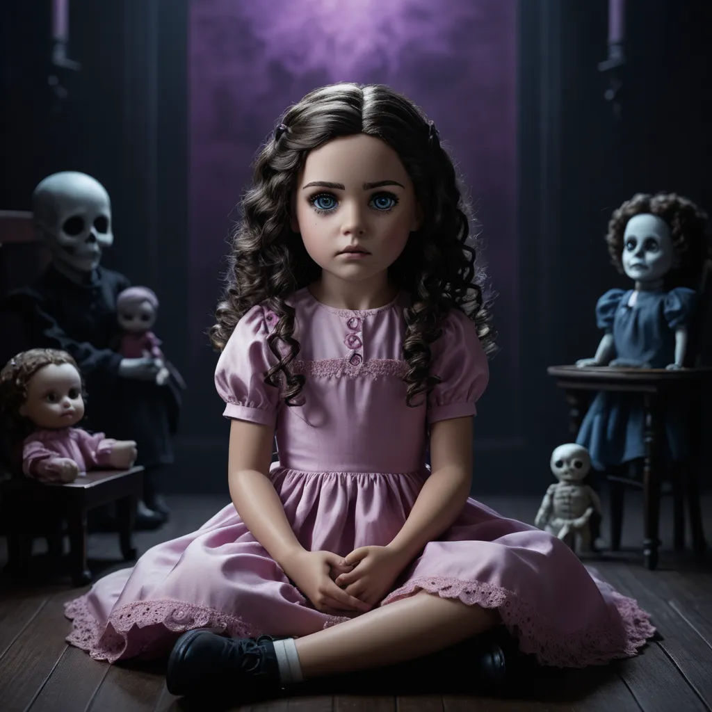 a doll sitting on the floor in front of a group of dolls in a room with a purple light, gothic art, poster art, Dirk Crabeth, promotional image
