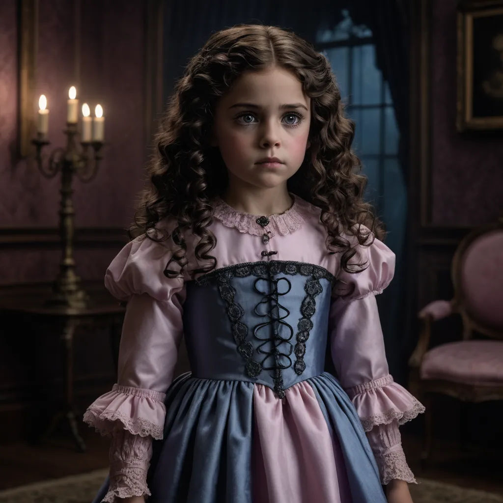 a young girl dressed in a blue and pink dress with a pink dress on it's chest and a candle in the background, rococo, a character portrait, Clarice Beckett, promotional image