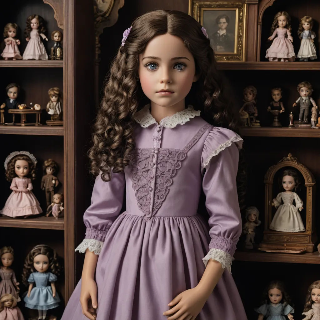 a doll is standing in front of a shelf of dolls and other toys in a room with many shelves, gothic art, a character portrait, Clarice Beckett, promotional image