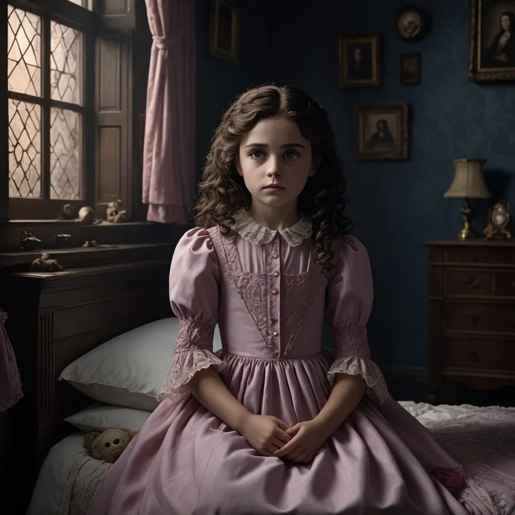 a young girl in a pink dress sitting on a bed in a room with blue walls and a window, gothic art, a character portrait, Clarice Beckett, promotional image