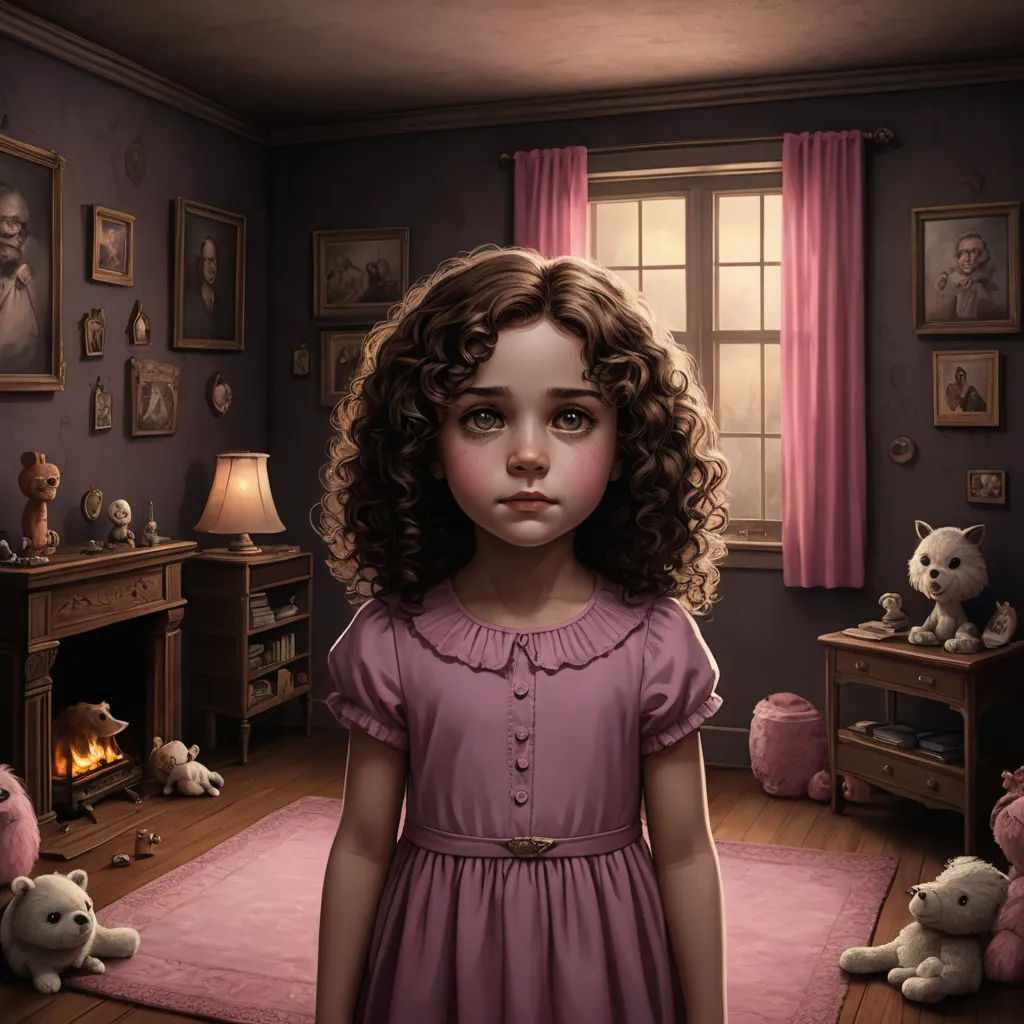 a painting of a girl in a room with teddy bears and a fireplace in the corner of the room, pop surrealism, a storybook illustration, Clarice Beckett, highly detailed digital painting