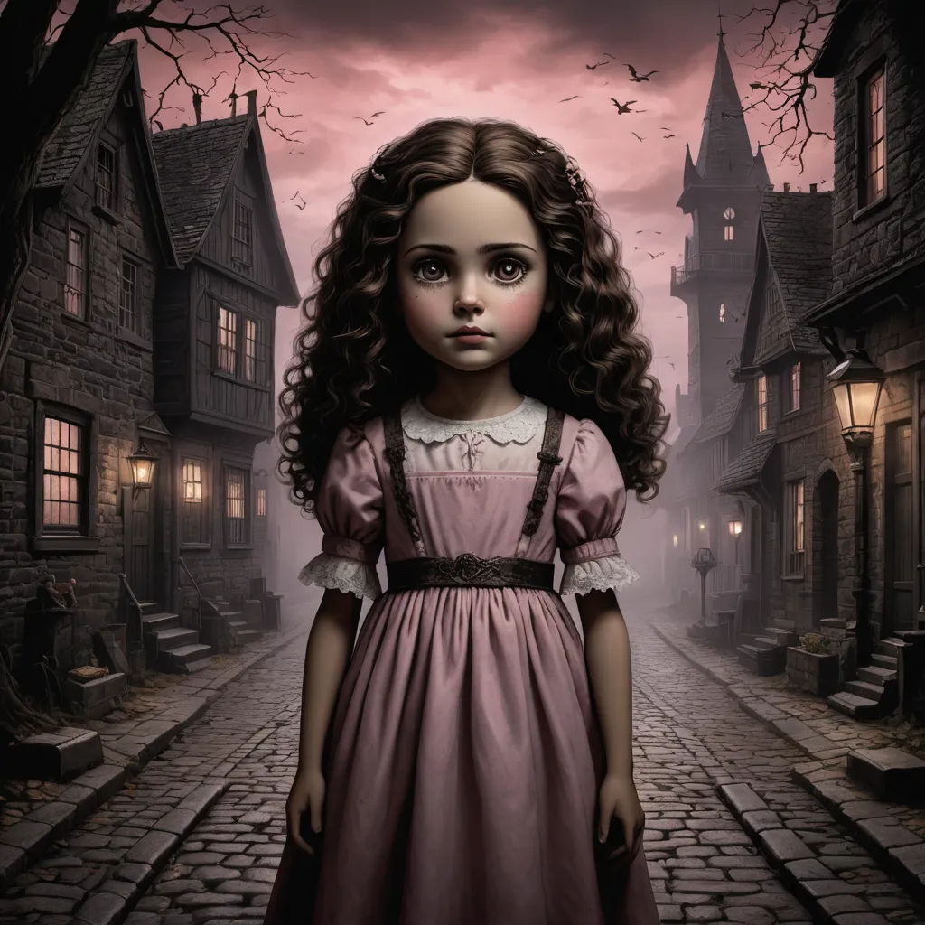 a painting of a girl in a dress standing in a street with a creepy background and a creepy sky, gothic art, a storybook illustration, Clarice Beckett, promotional image
