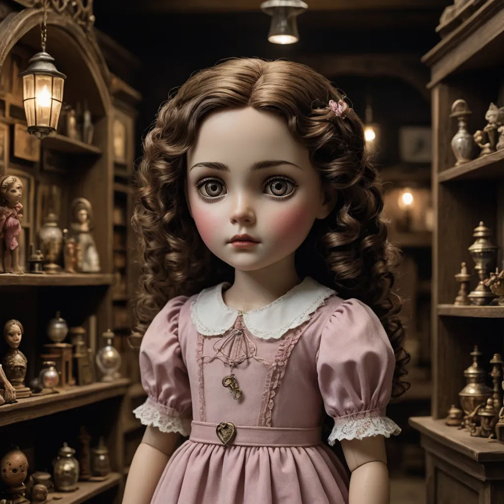a doll with a pink dress and a lot of shelves with dolls on it and a light above it, gothic art, an ultrafine detailed painting, Clarice Beckett, finely detailed features