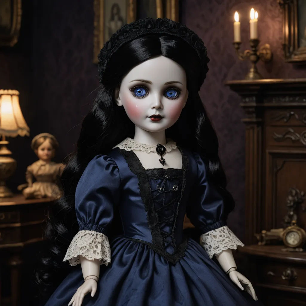 a doll with blue eyes and a black dress in a room with a lamp and a dresser with a clock, gothic art, a character portrait, Clarice Beckett, gothic
