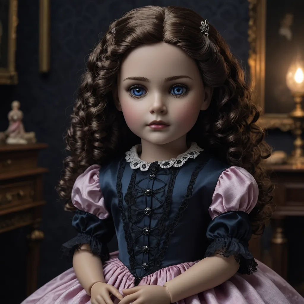 a doll with a blue eyes and a pink dress with a black lace collar and a pink dress with a pink ruffle, gothic art, a character portrait, Clarice Beckett, victorian