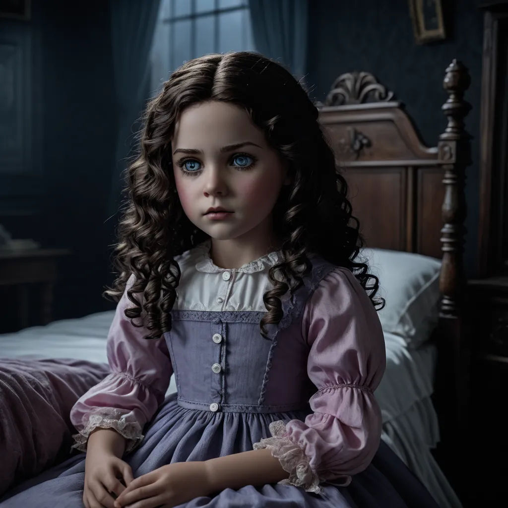 a doll sitting on a bed in a room with a window and a bed spread on it's side, gothic art, a character portrait, Clarice Beckett, promotional image