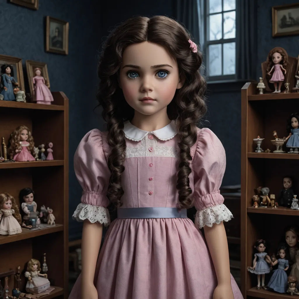 a doll with long hair and a pink dress in a room full of dolls and dolls on shelves with a window, gothic art, a character portrait, Dorothy Coke, promotional image