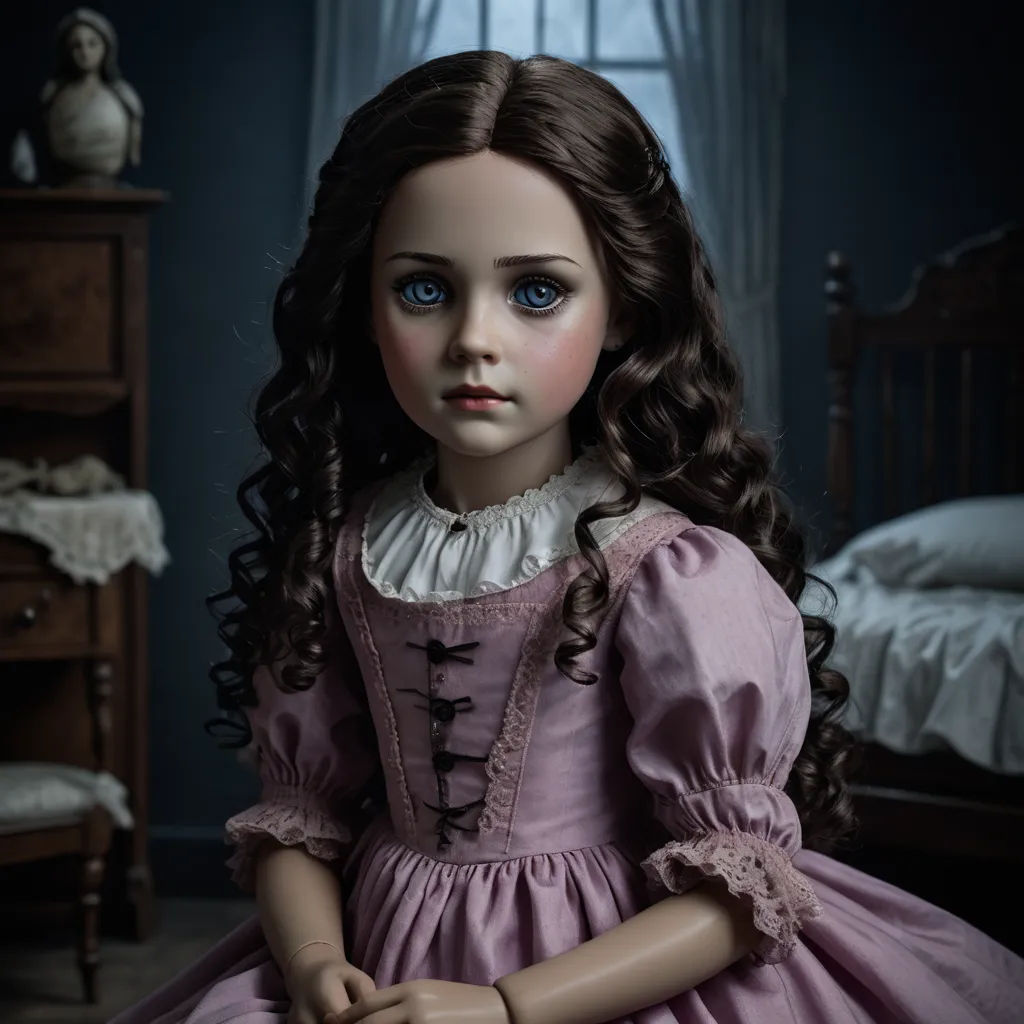 a doll with long hair sitting on a bed in a room with a bed and a dresser with a doll on it, gothic art, a character portrait, Clarice Beckett, girl