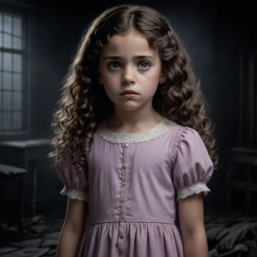 a young girl with curly hair wearing a dress and a collared shirt is standing in a dark room, art photography, a character portrait, Clarice Beckett, promotional image