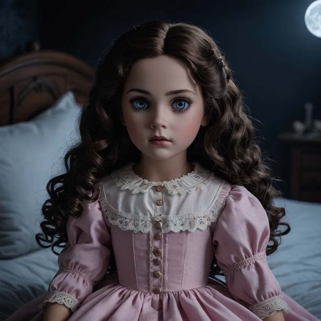 a doll with long hair sitting on a bed in a pink dress with a white collared shirt and lace trim, gothic art, a character portrait, Clarice Beckett, victorian