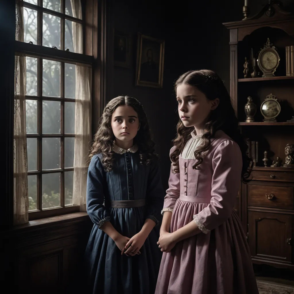 two young girls standing next to each other in a room with a window and a clock on the wall, international gothic, poster art, Anne Said, promotional image