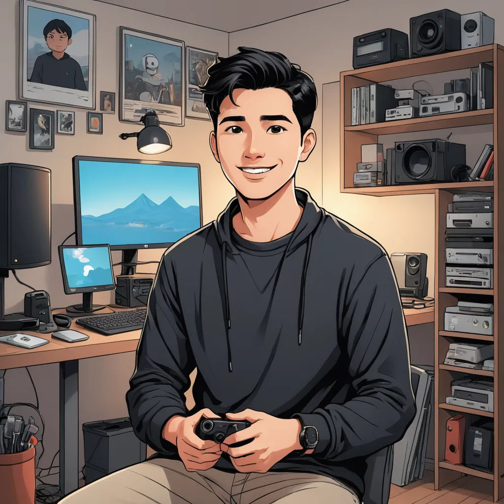 a man sitting in a chair holding a game controller in front of a computer desk with a monitor and a keyboard, sots art, a character portrait, David Park, rossdraws global illumination