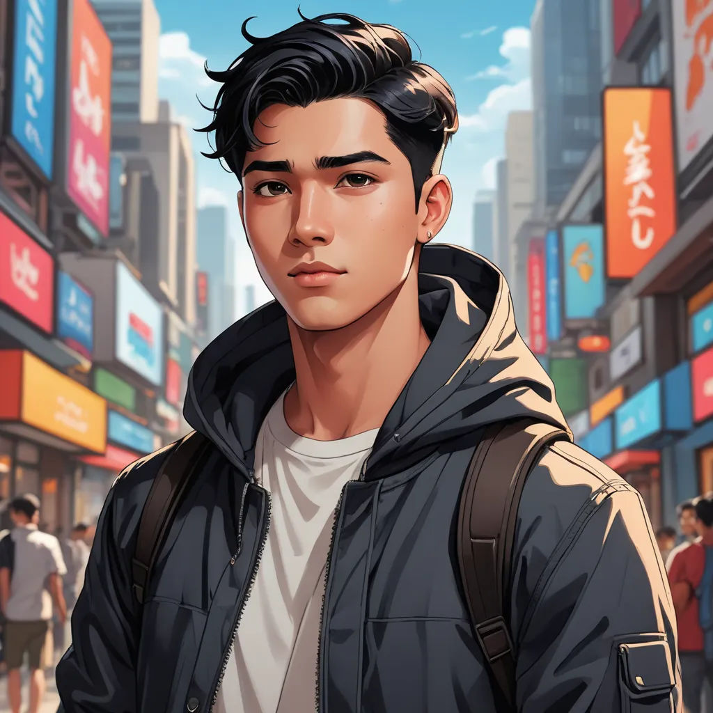 a man in a black jacket standing in front of a city street with a lot of signs on it, sots art, a character portrait, David Park, rossdraws global illumination