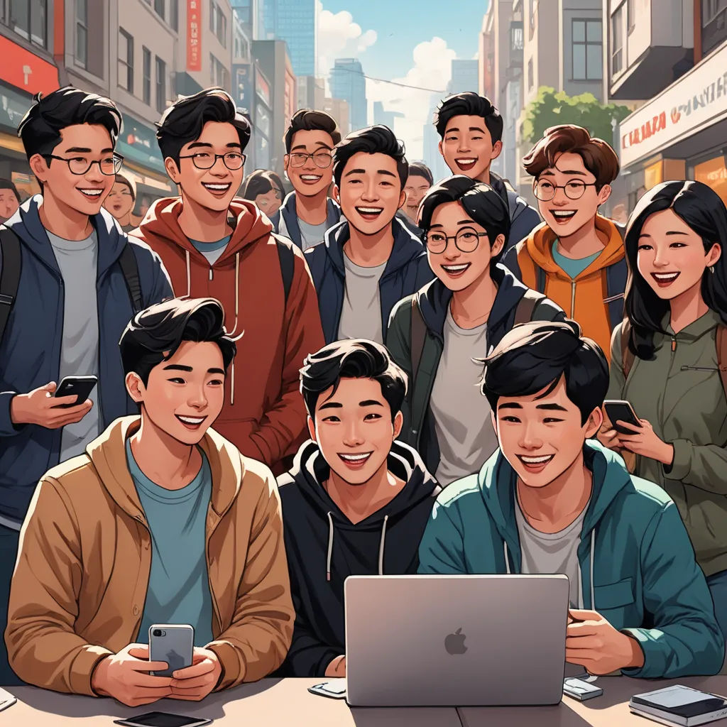 a group of people standing around a laptop computer on a table with a phone in front of them and a laptop on the table, digital art, a digital painting, Asaf Hanuka, digital illustration